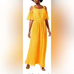 Sangria Womens Yellow Lace-trim Cold Shoulder Party Maxi Dress. Size 14.